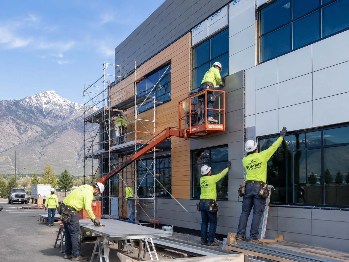 Construction in progress with mountain backdrop