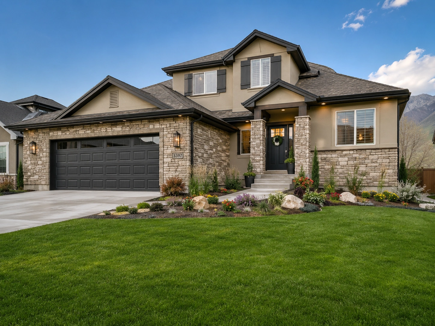 Modern suburban home with lush landscaping